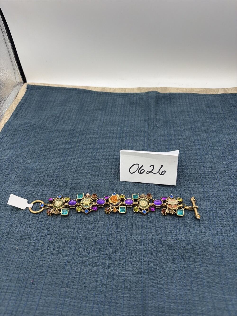 Vintage Multicolored Gemstone Tennis Bracelet Gold Tone 7.5 Inches